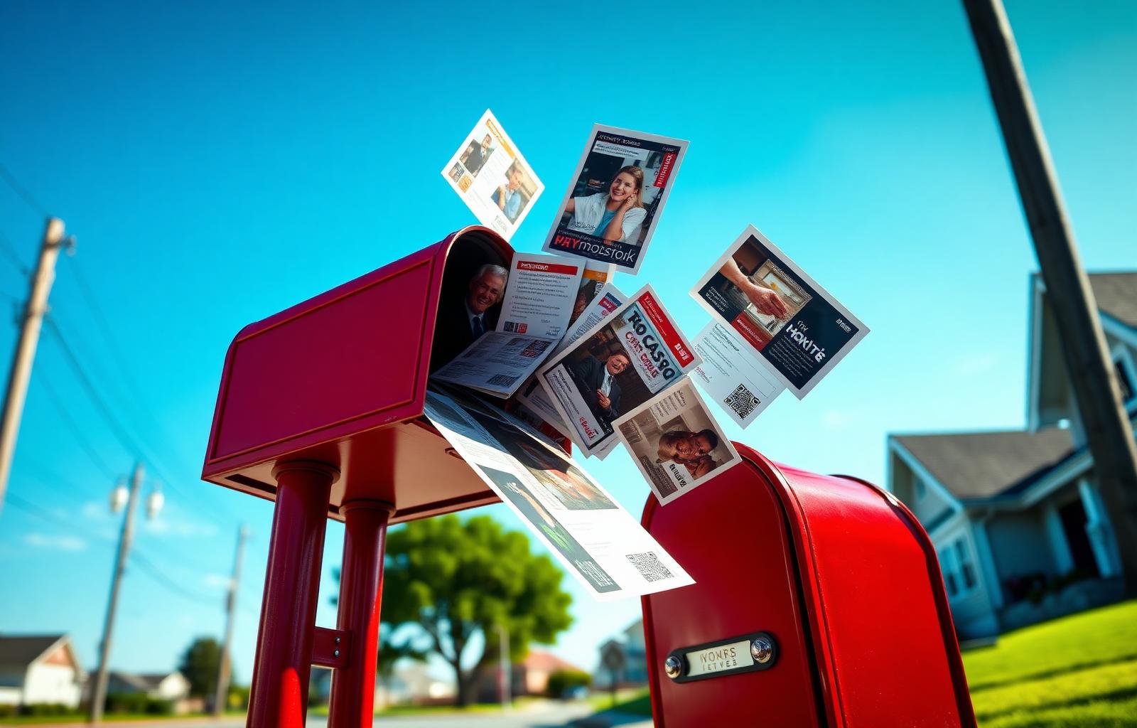 Red mailbox overflowing with direct mail postcards in a suburban neighborhood