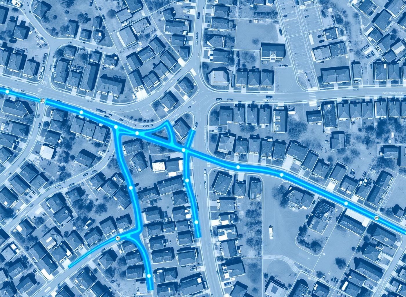Aerial map showing optimized direct mail delivery routes